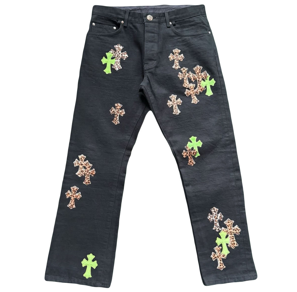 Chrome Hearts Green Leopard Cross Patch Jeans - Like New